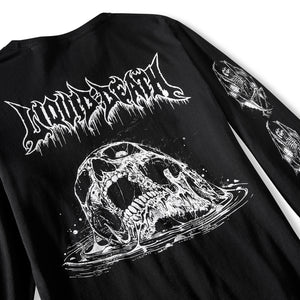 Black t-shirt with white graphic design of a skull and text on a white background