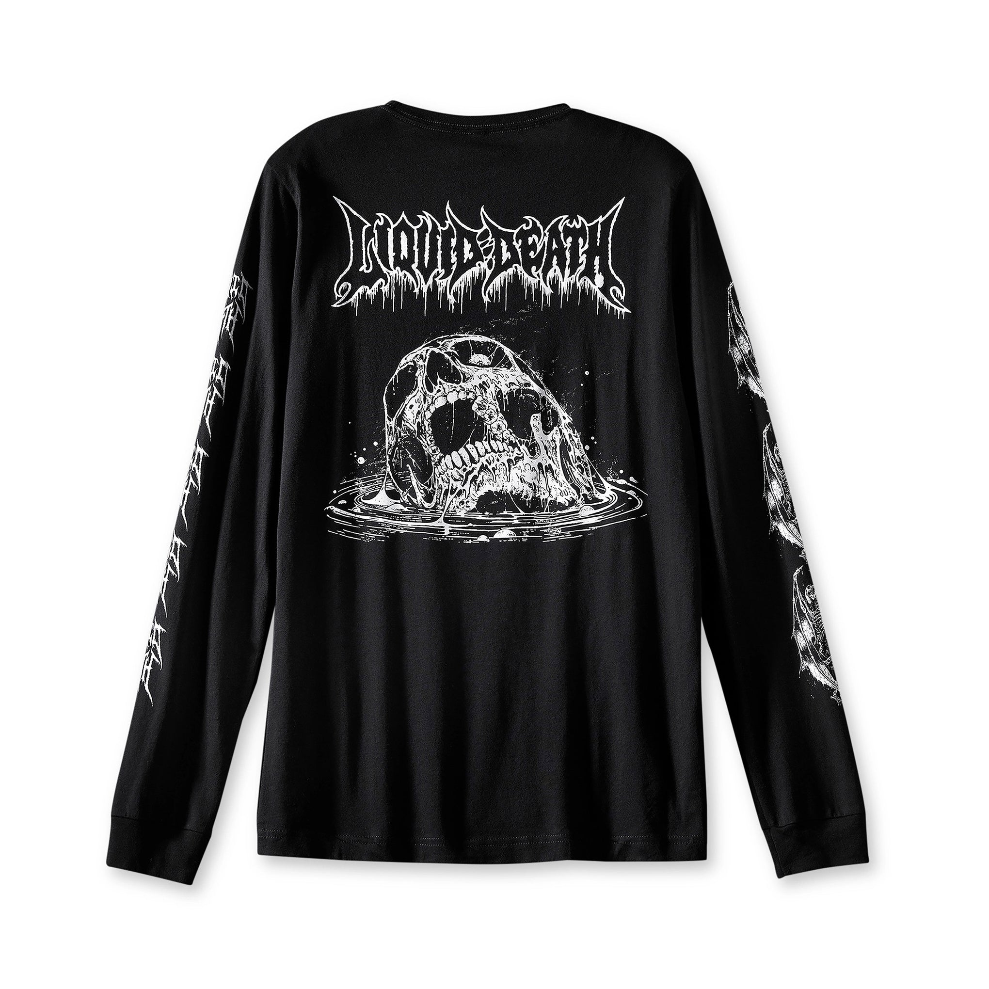 Black long-sleeve shirt with graphic design and text on a white background