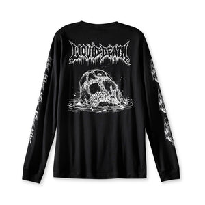 Black long-sleeve shirt with graphic design and text on a white background