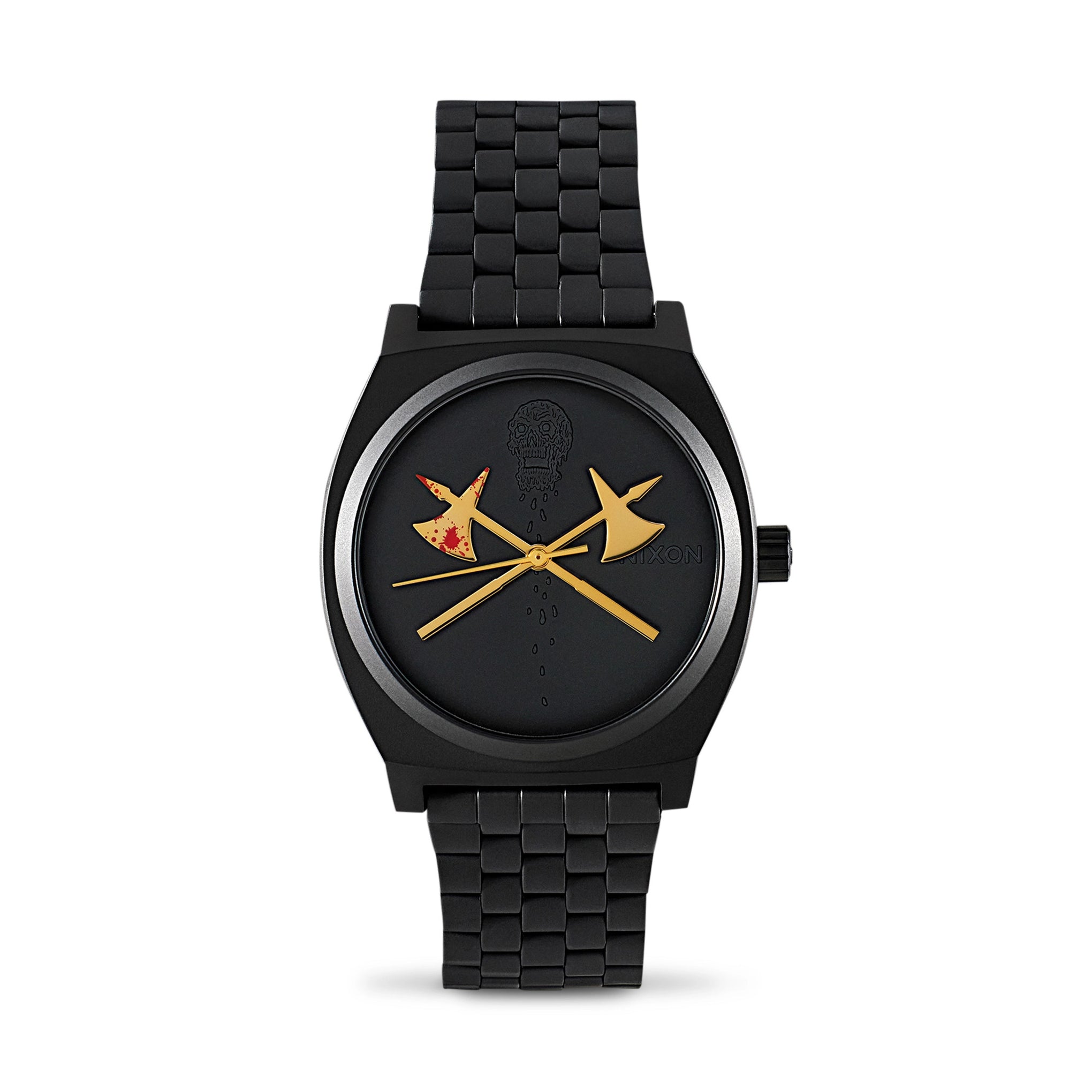 Black watch with unique design on the dial against a white background
