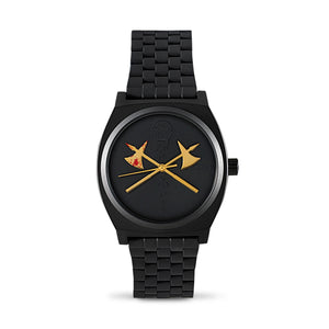 Black watch with unique design on the dial against a white background